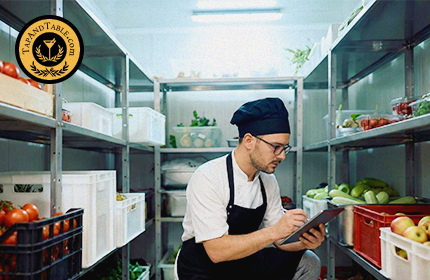 Restaurant consultant reviewing inventory to prevent overstocking